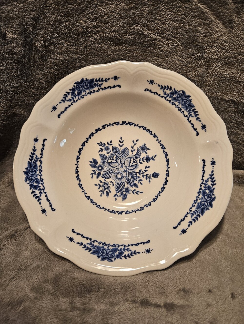 Vintage Mayhill Federalist ironstone serving bowl with a blue floral pattern.